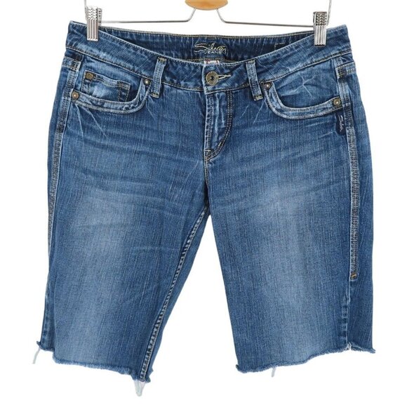 Silver Jeans Womens 5 Eden Cut Off Bermuda Denim Shorts Distressed Blue Pockets - Picture 1 of 14